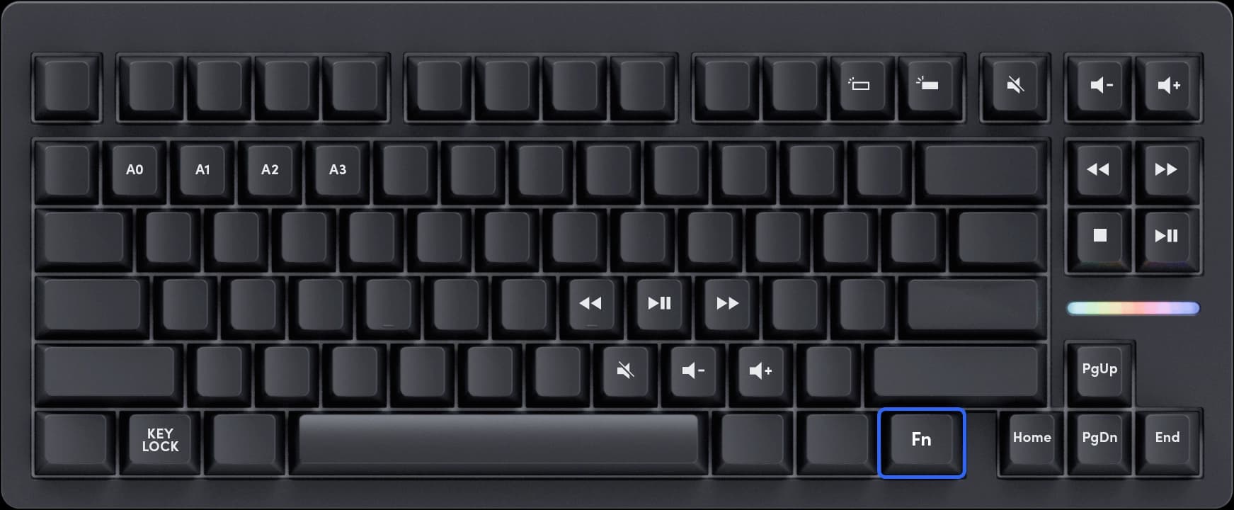 Wooting 80HE TenZ Takeover Edition showing the default positions of FN keys